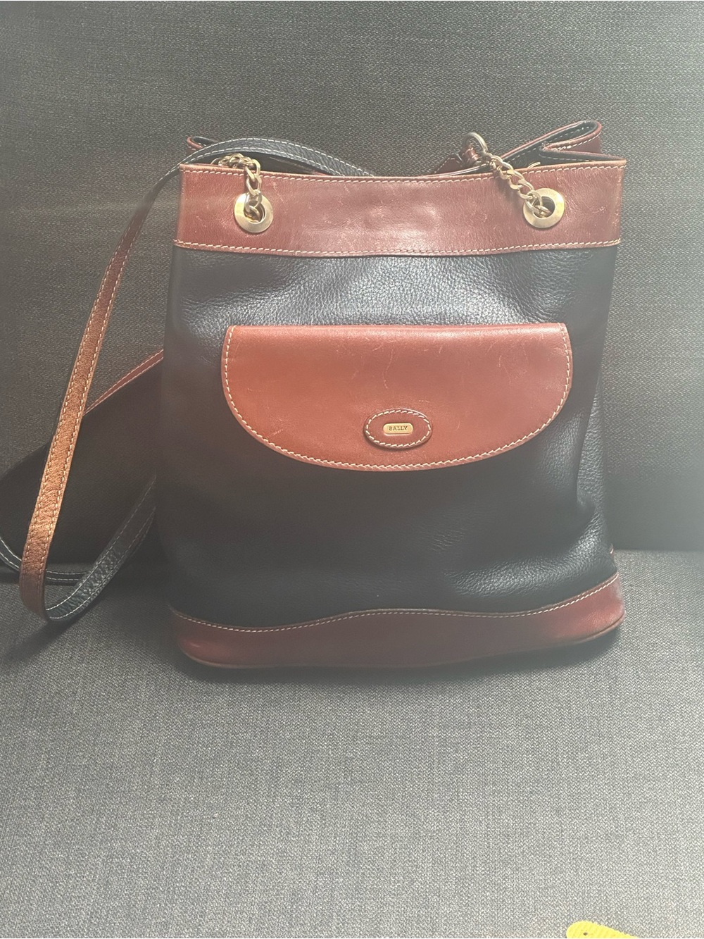 Bally Black and Brown Leather Messenger Tote with Gold Chain
